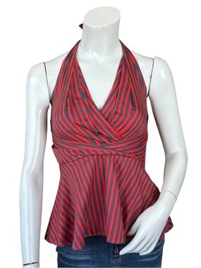 Anthropologie Odille Gray & Red Striped Melosa Peplum Punk Halter Top Size 0